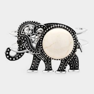 White Natural Stone Antique Silver Hinged Wire Elephant Bracelet
